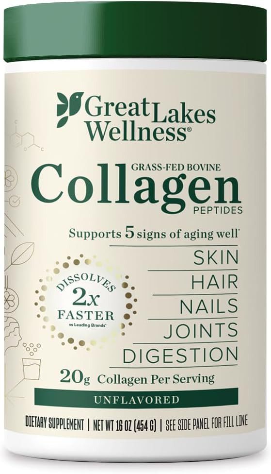 Great Lakes Wellness Collagen Peptides Powder For Skin, Hair, Nails, Joints & Digestion - Unflavored - Quick Dissolve Hydrolyzed, Non-Gmo, Keto, Kosher - 20 Sticks