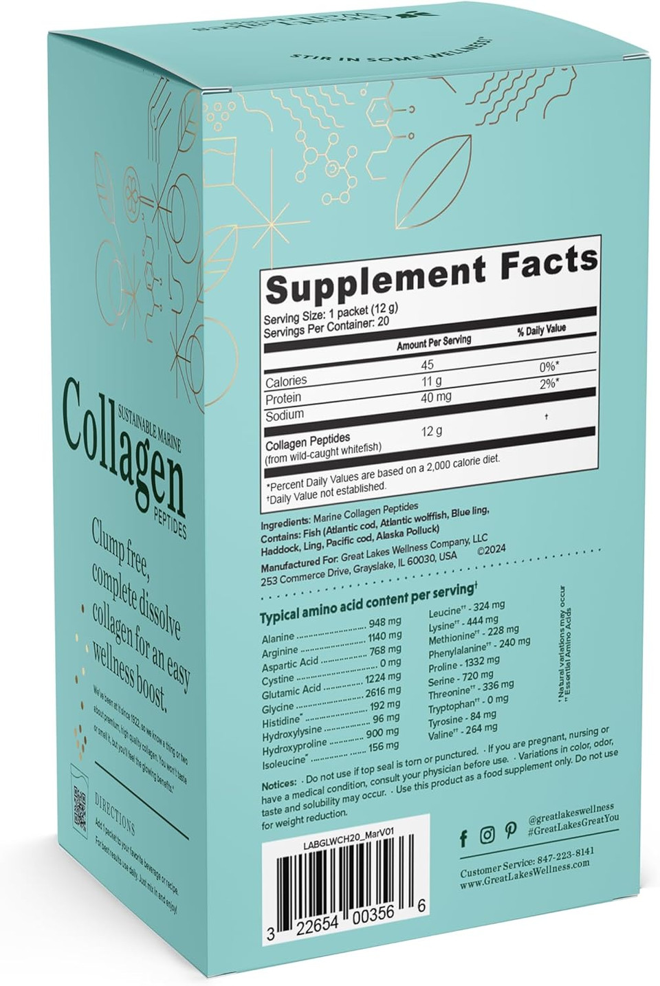 Great Lakes Wellness Sustainable Marine Collagen Peptides Powder For Skin, Hair, Nails, Joints & Digestion - Unflavored - Hydrolyzed, Wild Caught, Msc Certified, Non-Gmo, Kosher - 20 Sticks
