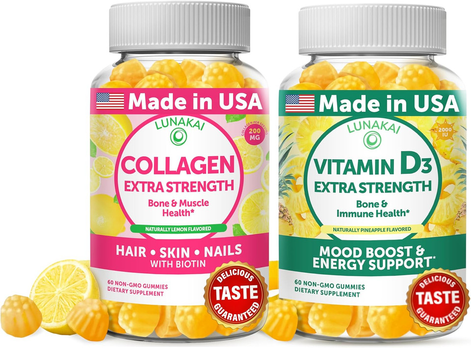 Lunakai Collagen And Vitamin D3 Gummies Bundle - Non-Gmo Anti Aging Supplements For Men & Women - Immunity, Bone And Mood Support Gummy For Adults - 30 Days Supply Lunakai Collagen And Vitamin D3 Gummies Bundle - Non-Gmo Anti Aging Supplements For Men & Women - Immunity, Bone And Mood Support Gummy For Adults - 30 Days Supply