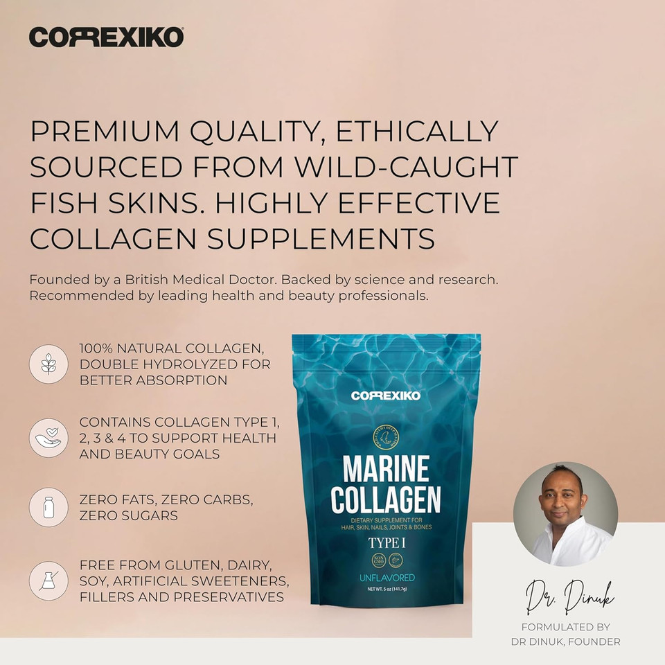 Correxiko Marine Collagen Powder Supplement Unflavored - 10,000Mg Double Hydrolyzed Collagen Peptides Per Serving - Formulated For Maximum Absorption - Hair, Skin & Nails - 5Oz, 14 Servings