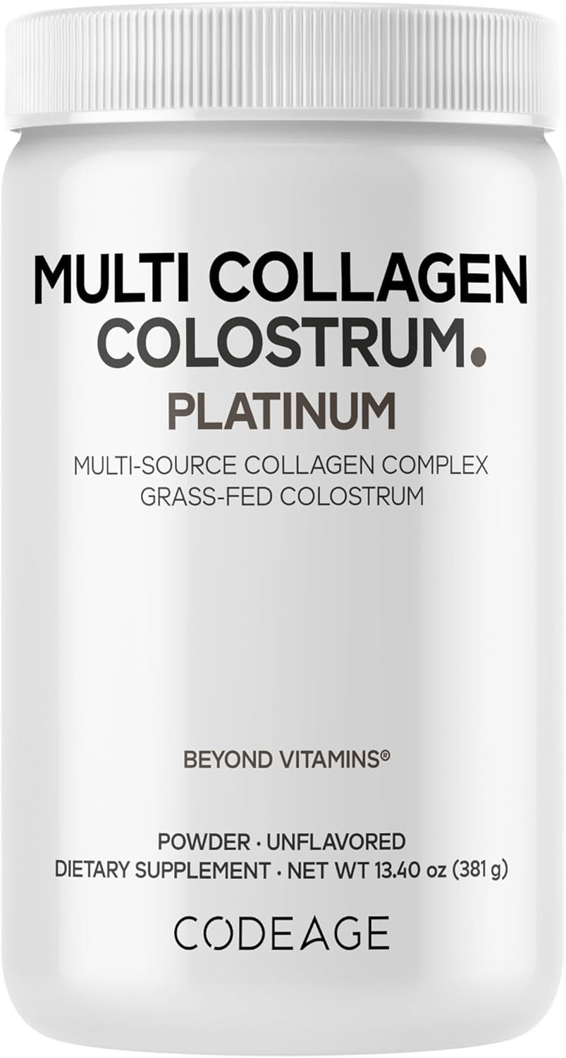 Codeage Multi Collagen Colostrum Powder Platinum - Hydrolyzed Grass-Fed Bovine Collagen Peptides, Grass-Fed Bovine Colostrum Supplement, Vitamin C, Biotin, Hyaluronic Acid, Lactoferrin - 13.4 Oz