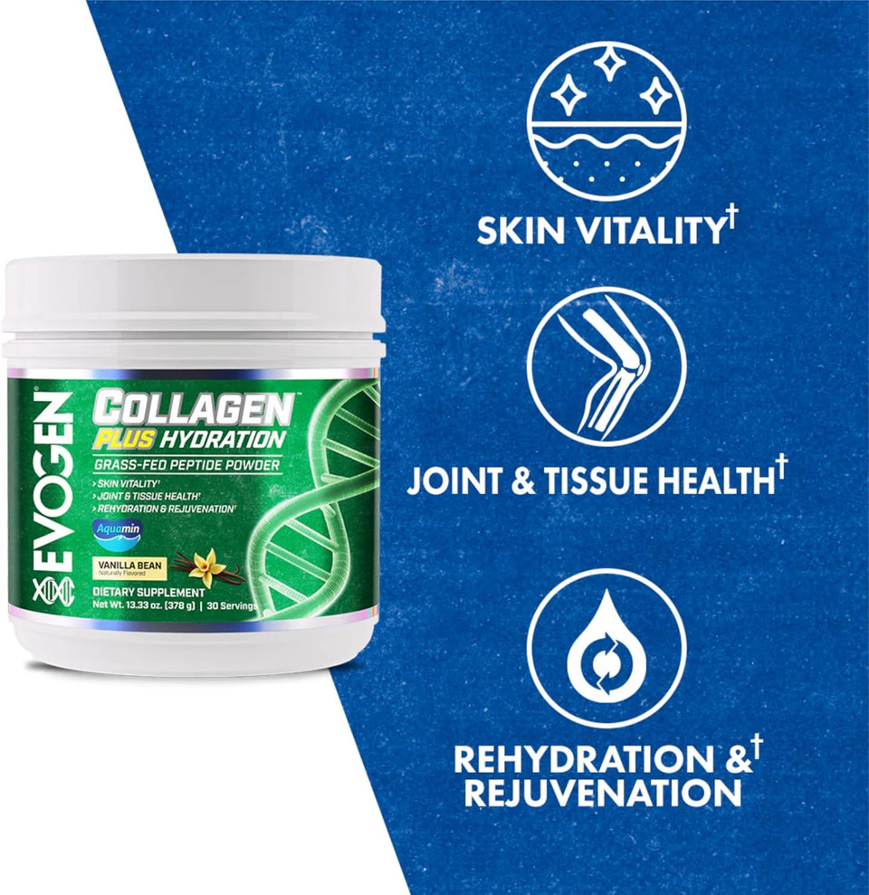 Evogen Collagen Plus Hydration - Grass-Fed Collagen For Women & Men | Collagen Peptides Powder | Collagen Powder Supporting Skin Vitality, Hydration, Joint & Tissue Health | Vanilla Bean | 30 Servings Evogen Collagen Plus Hydration - Grass-Fed Collagen For Women & Men | Collagen Peptides Powder | Collagen Powder Supporting Skin Vitality, Hydration, Joint & Tissue Health | Vanilla Bean | 30 Servings