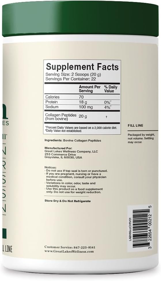 Great Lakes Wellness Collagen Peptides Powder For Skin, Hair, Nails, Joints & Digestion - Unflavored - Quick Dissolve Hydrolyzed, Non-Gmo, Keto, Kosher - 16Oz
