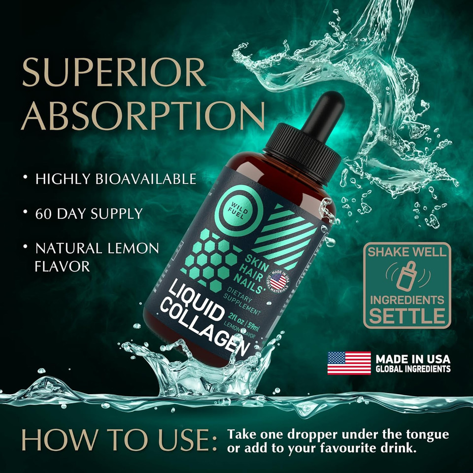 Wild Fuel Liquid Collagen Peptides With Biotin Vitamins For Hair Skin And Nails - 10,000Mcg Liquid Collagen For Women And Men 5,000Mcg Biotin - Lemon Flavor, Up To 2-Month - 2 Oz