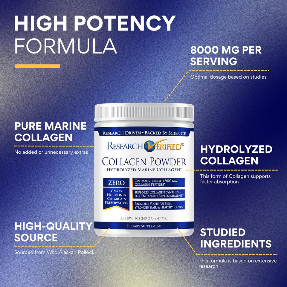 Research Verified® Collagen Powder - Hydrolyzed Marine Collagen - Unflavored - Skin Hydration And Elasticity, Muscle Recovery, Non Gmo - 30 Scoops Per Container - 6 Month Supply