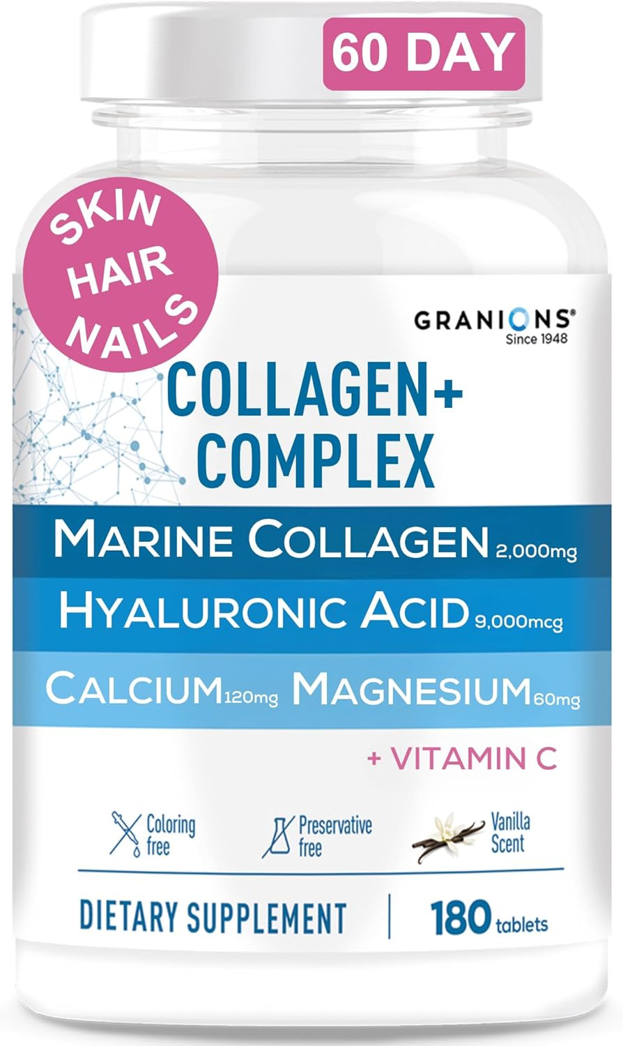 Marine Collagen Pills  2000Mg Hydrolyzed Marine Collagen Peptides, Hyaluronic Acid, Vitamin C, Calcium, Magnesium  Skin, Hair, Nails, Pro Aging Hyaluronic Acid Supplements  180 Tablets