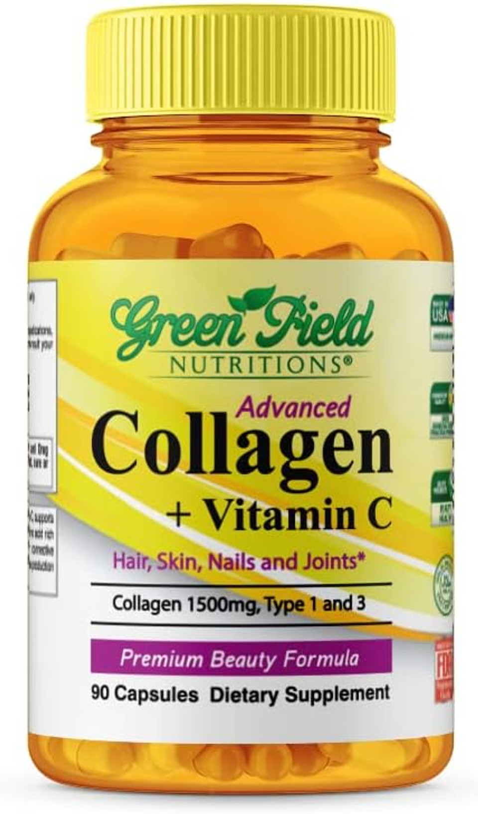 Greenfield Nutritions - Halal Collagen Peptides 1500 Mg Type I & Iii, With Vitamin C 300 Mg For Better Absorption, Halal Anti-Age Formula For Hair Skin Nails & Joints, Halal Vitamins 90 Capsules Greenfield Nutritions - Halal Collagen Peptides 1500 Mg Type I & Iii, With Vitamin C 300 Mg For Better Absorption, Halal Anti-Age Formula For Hair Skin Nails & Joints, Halal Vitamins 90 Capsules