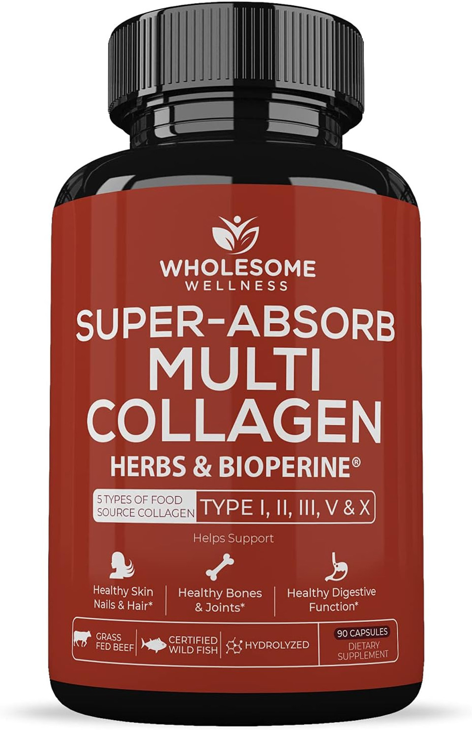 Wholesome Wellness Super-Absorb Multi Collagen Pills (Type I Ii Iii V X) Organic Herbs & Bioperine - Hair, Skin, Nails, Joints - Hydrolyzed Peptides Protein Supplement For Women & Men (90 Capsules)