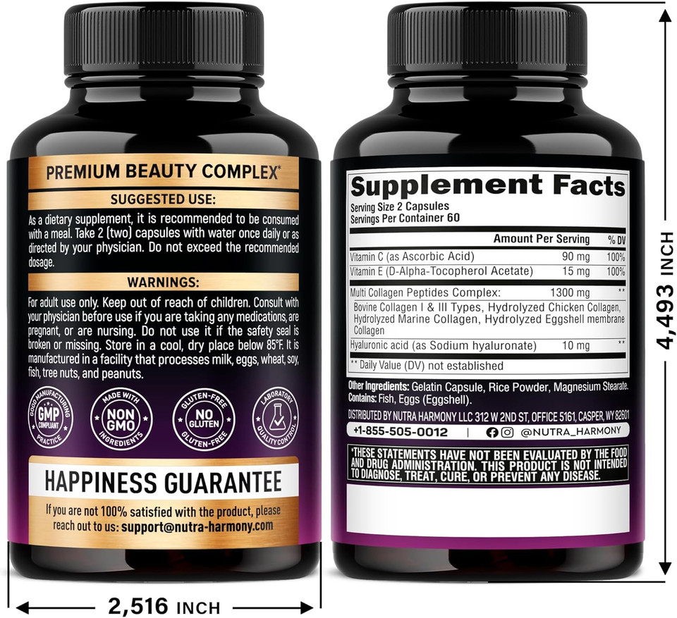 Multi Collagen Peptides - Hydrolyzed Types I, Ii, Iii, V & X - Collagen Supplement For Women 1300Mg - W/ Hyaluronic Acid, Vitamins C & E - Skin, Hair, Nails & Joint Support - Made In Usa, 240 Capsules