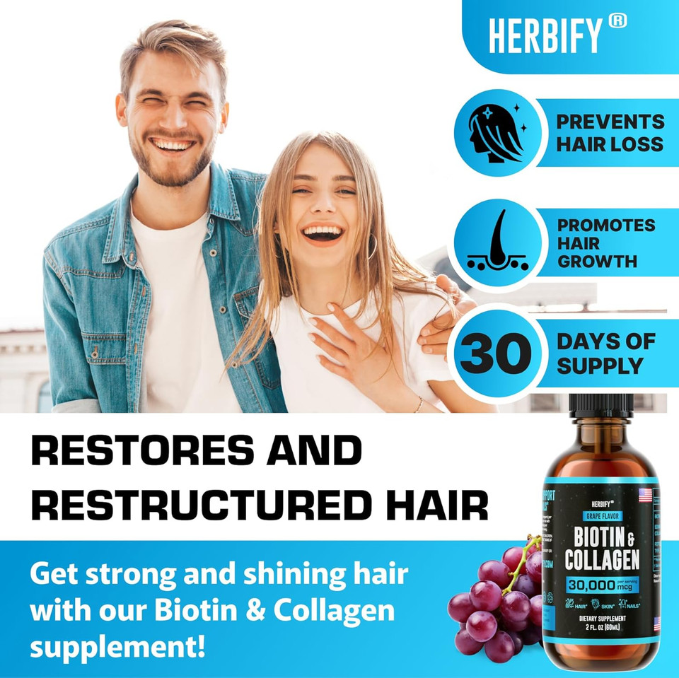 Herbify Collagen And Biotin Liquid Drops - Faster Absorption Supplement For Hair Growth And Stronger Nails - Hair Skin And Nails Vitamins For Women And Men - B7 Supplement - Made In Usa