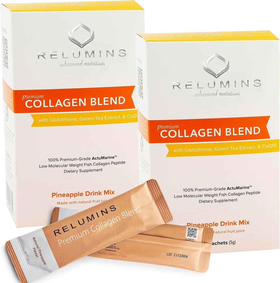 Relumins Marine Collagen Powder Drink Mix - Collagen Peptide With Glutathione, Green Tea, Coq10, & Hyaluronic Acid Boosts Smooth Glowing Skin - 10 Powder Sachets X Vanilla Flavored