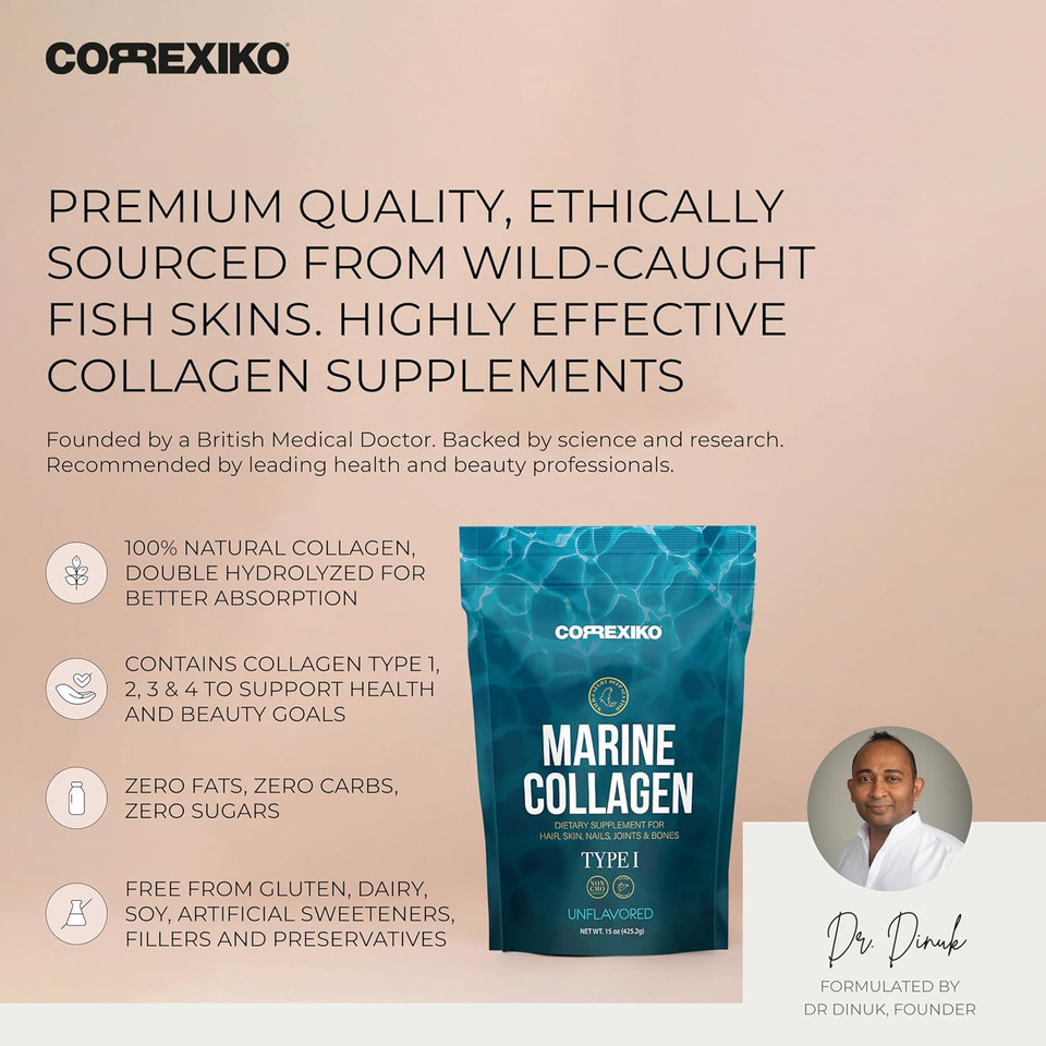Correxiko Marine Collagen Powder Supplement Unflavored - 10,000Mg Double Hydrolyzed Collagen Peptides Per Serving - Formulated For Maximum Absorption - Hair, Skin & Nails - 15Oz, 42 Servings