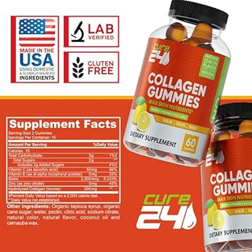Collagen Gummies With Zinc, Vitamin C And Biotin, Collagen Peptides Supplement Promotes Hair, Nail, Skin, Bone And Joint Health Support, Made In Usa 60 Gummies