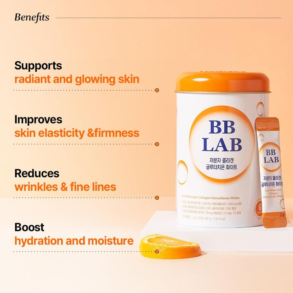 Bb Lab Collagen Glutathione White, Low Molecular Korean Stick Supplement, Fish Peptides, Vitamin C, Vitamin E, Glutathione, Fast Abosorption, Orange Flavor