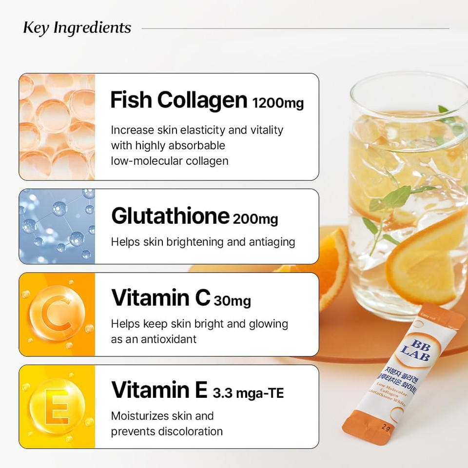 Bb Lab Collagen Glutathione White, Low Molecular Korean Stick Supplement, Fish Peptides, Vitamin C, Vitamin E, Glutathione, Fast Abosorption, Orange Flavor