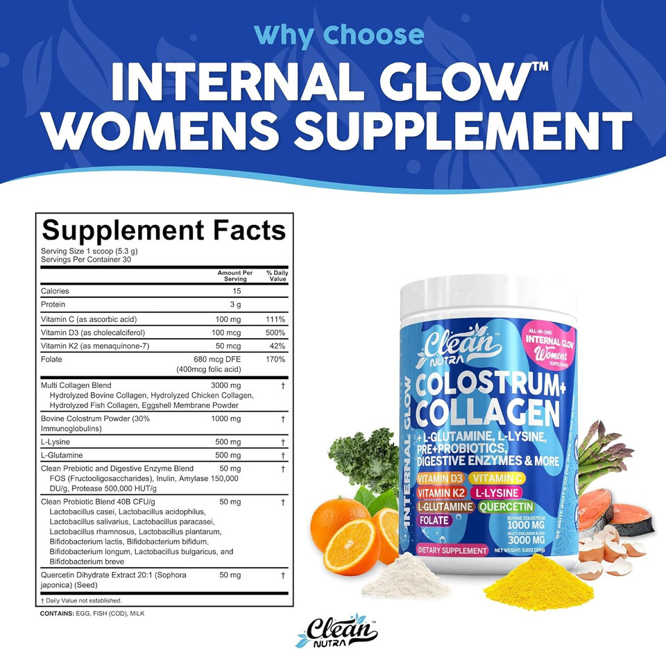 Bovine Colostrum+Collagen Peptides Powder| L-Glutamine L-Lysine Prebiotics Probiotics Digestive Enzymes Vitamin D K2 Vitamin C Quercetin & Folate|Gut Health Supplement Internal Glow By Clean Nutra (1)