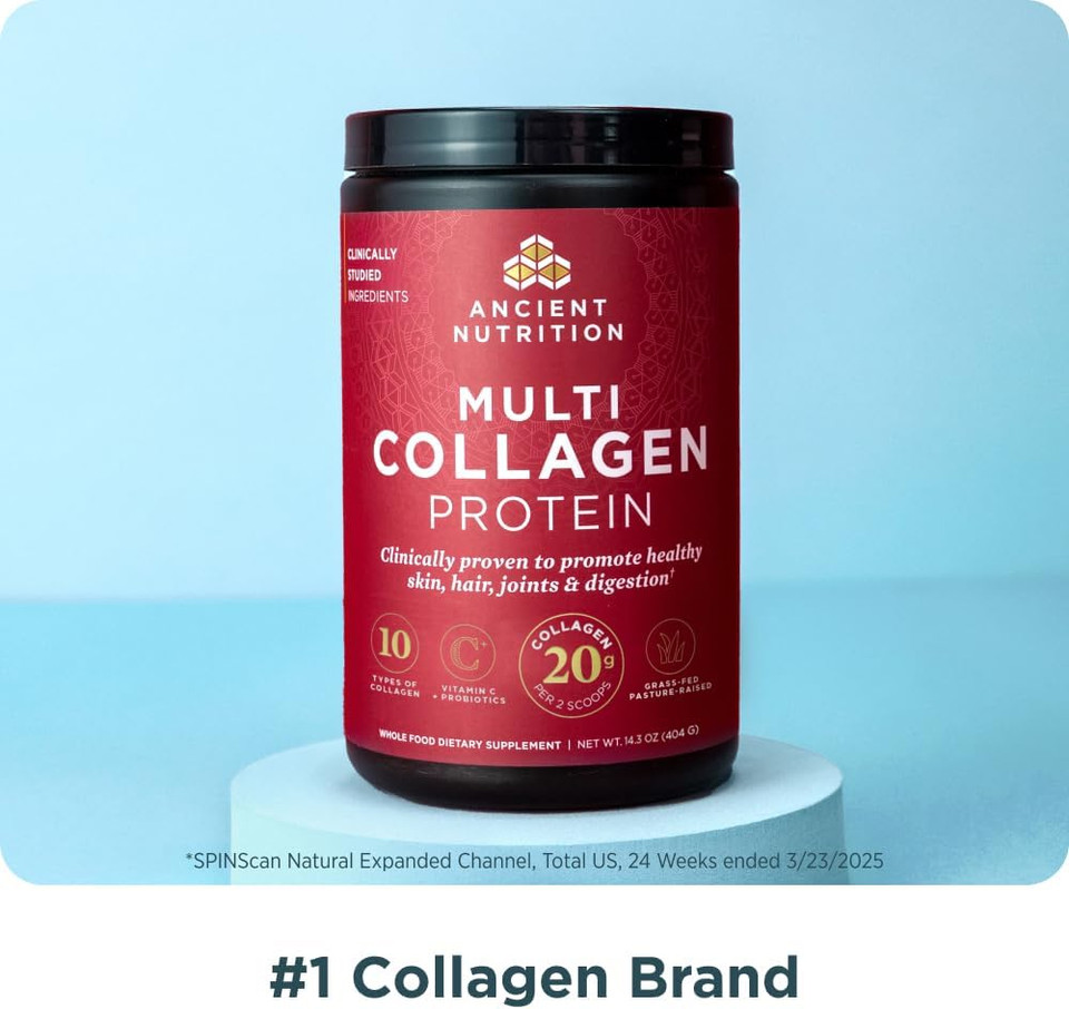 Ancient Nutrition Collagen Peptides Powder, Multi Collagen Protein, Women & Men, Vitamin C, Probiotics, Hydrolyzed Collagen, Supports Skin, Joints, Gut Health, Strawberry Lemonade, 24 Servings