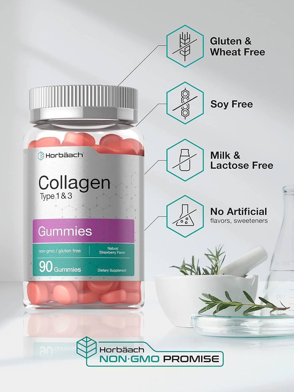 Horbäach Collagen Gummies | 90 Count | Strawberry Flavored Gummy | Hydrolyzed Collagen Type 1 And 3 | Non-Gmo, Gluten Free