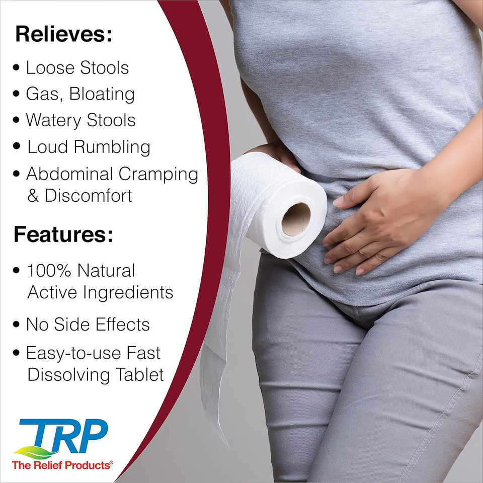 The Relief Products Diarrhea Relief - 100% Natural Active Ingredients - Relieves Loose Stools, Gas, Bloating, Discomfort - Fast Dissolving Tablets - 50Ct