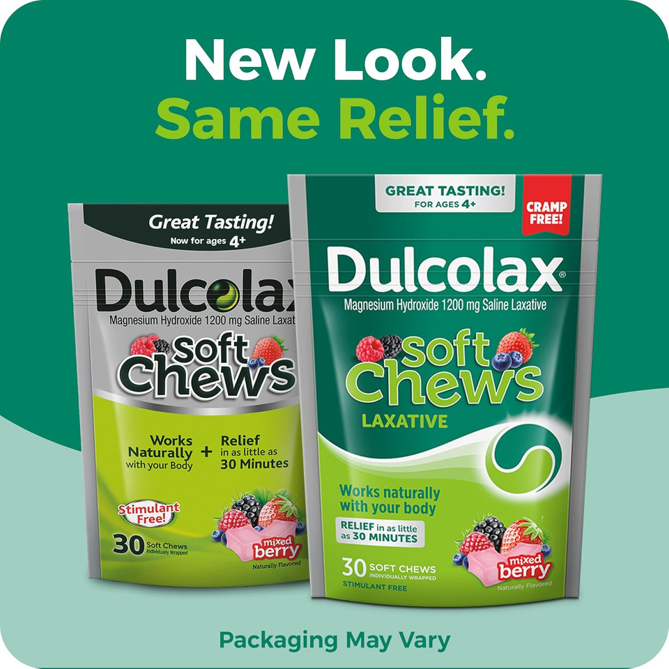Dulcolax Saline Laxative Soft Chews, Fast-Acting Laxative, Gentle Constipation Relief, Mixed Berry Flavor, Magnesium Hydroxide 1200 Mg, 30 Count, Occasional Constipation