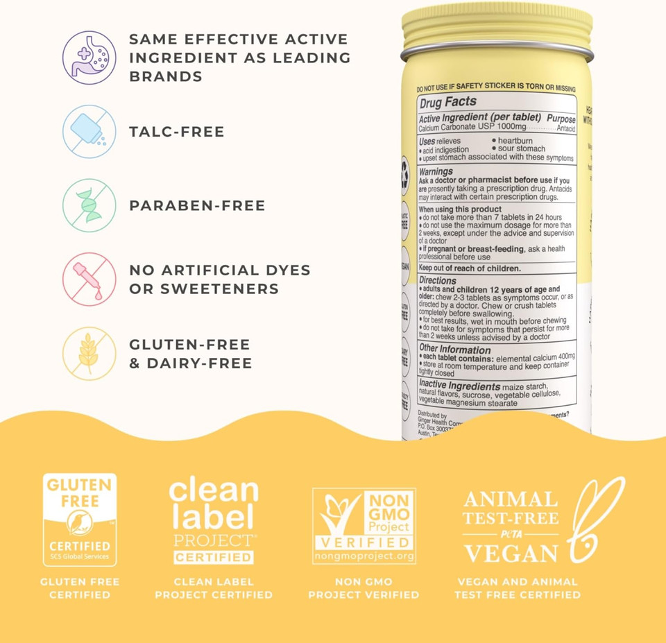 Wonderbelly Antacid, Effective Heartburn And Instant Acid Indigestion Relief, Extra Strength Chewable Tablets, 1000 Mg Calcium Carbonate, No Talc Or Dye, Lemon Sorbet, 60 Count