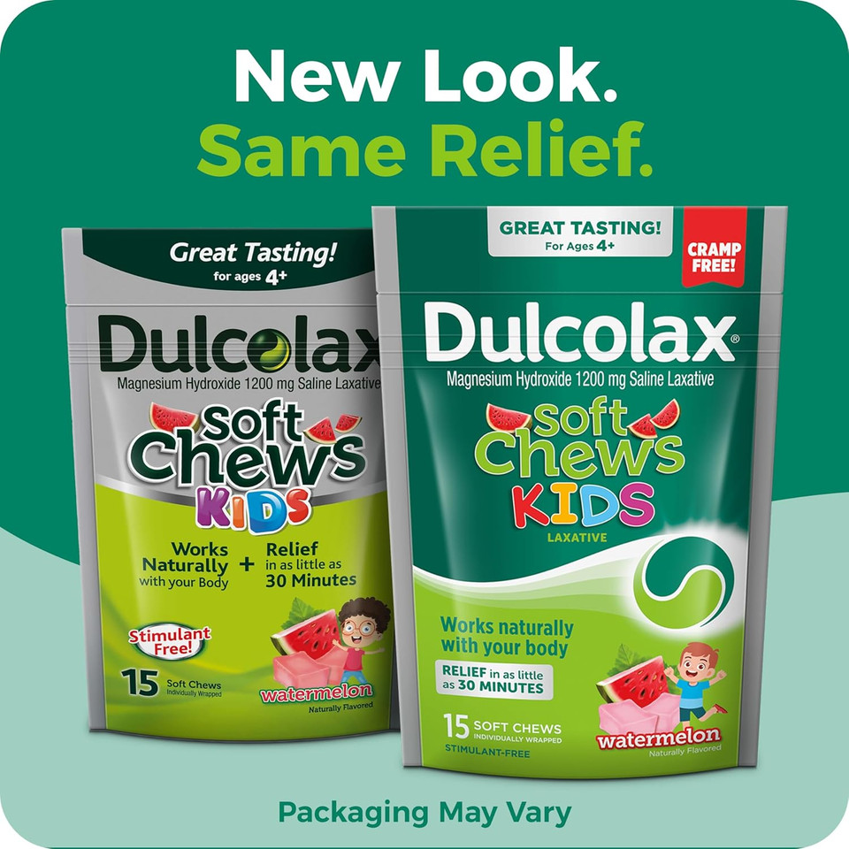 Dulcolax Kids Saline Laxative Soft Chews, Stimulant-Free Laxatives, Gentle Constipation Relief For Kids, Softens Stool, Watermelon Flavor, Magnesium Hydroxide 1200 Mg, 15 Count