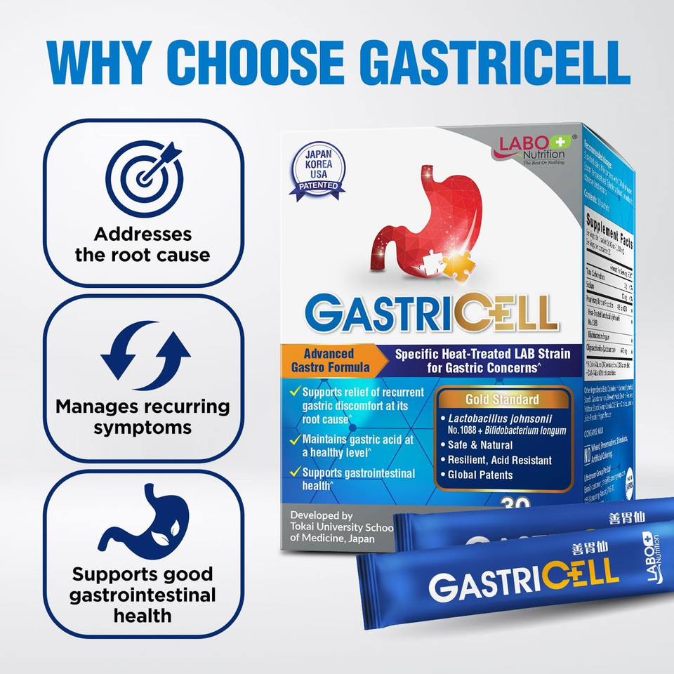 Labo Nutrition Gastricell - Acid Reflux, Heartburn, Recurring Gastric Discomfort, Natural Defence Against Gastric Distress 30 Sachets X3