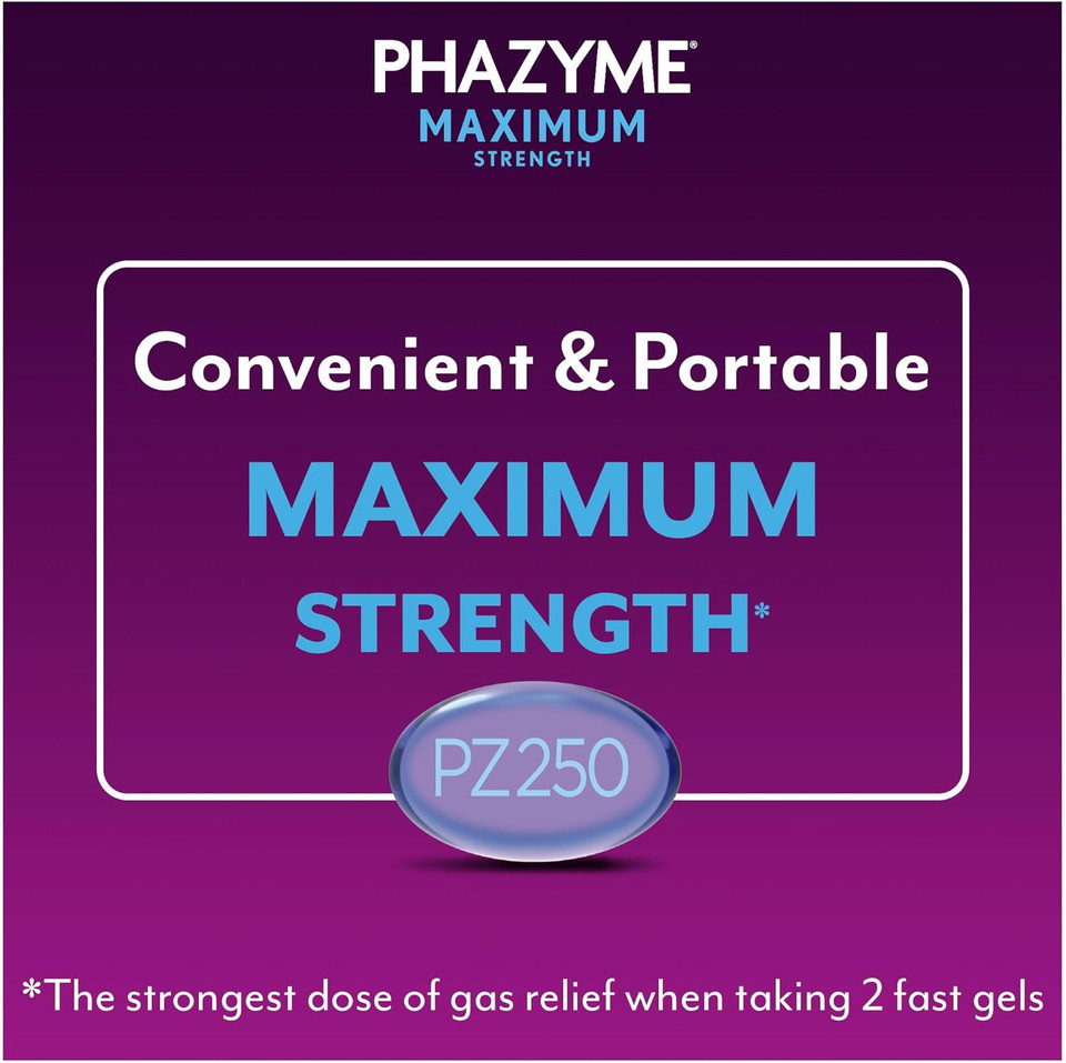 Phazyme Maximum Strength Gas And Bloating Relief, 250 Mg Simethicone, 12 Fast Gels