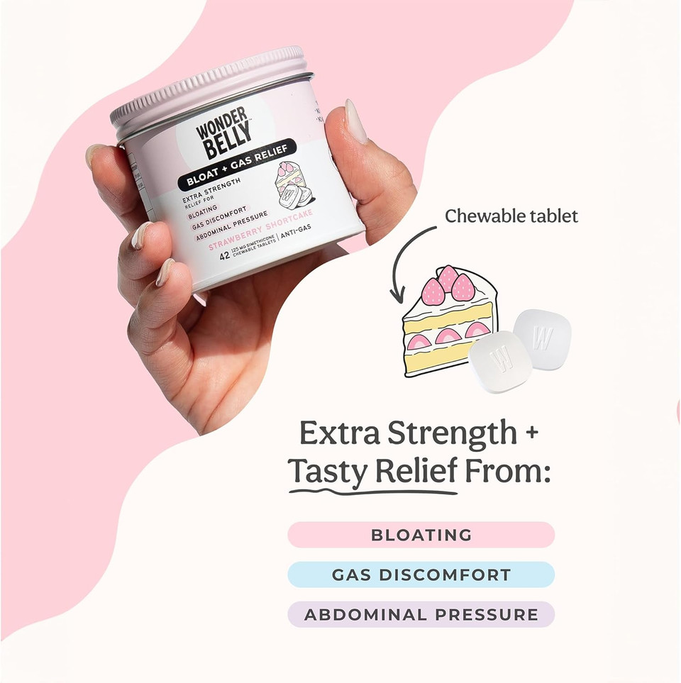 Wonderbelly Bloat + Gas Relief, Extra Strength Chewable Tablets, With 125 Mg Simethicone, No Talc Or Dye, Strawberry Shortcake, 42 Count