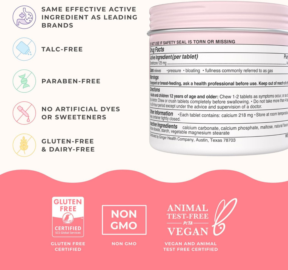 Wonderbelly Bloat + Gas Relief, Extra Strength Chewable Tablets, With 125 Mg Simethicone, No Talc Or Dye, Strawberry Shortcake, 42 Count