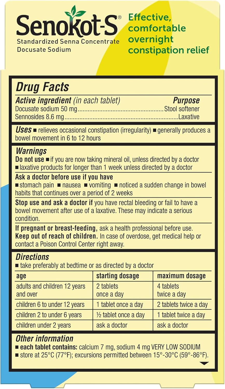 Senokot-S Dual Action Stool Softener Plus Senna Tablets, Natural Laxative With Docusate Sodium For Constipation Relief, 10 Count