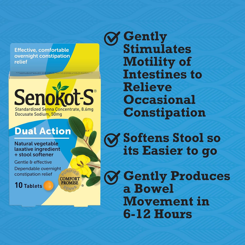Senokot-S Dual Action Stool Softener Plus Senna Tablets, Natural Laxative With Docusate Sodium For Constipation Relief, 10 Count