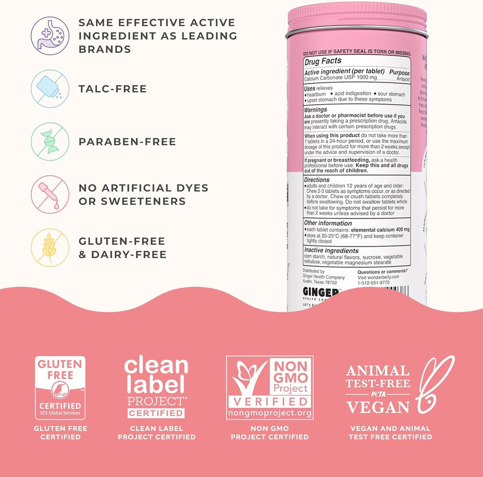 Wonderbelly Antacid, Effective Heartburn And Instant Acid Indigestion Relief, Extra Strength Chewable Tablets, 1000 Mg Calcium Carbonate, No Talc Or Dye, Strawberry Milkshake, 120 Count