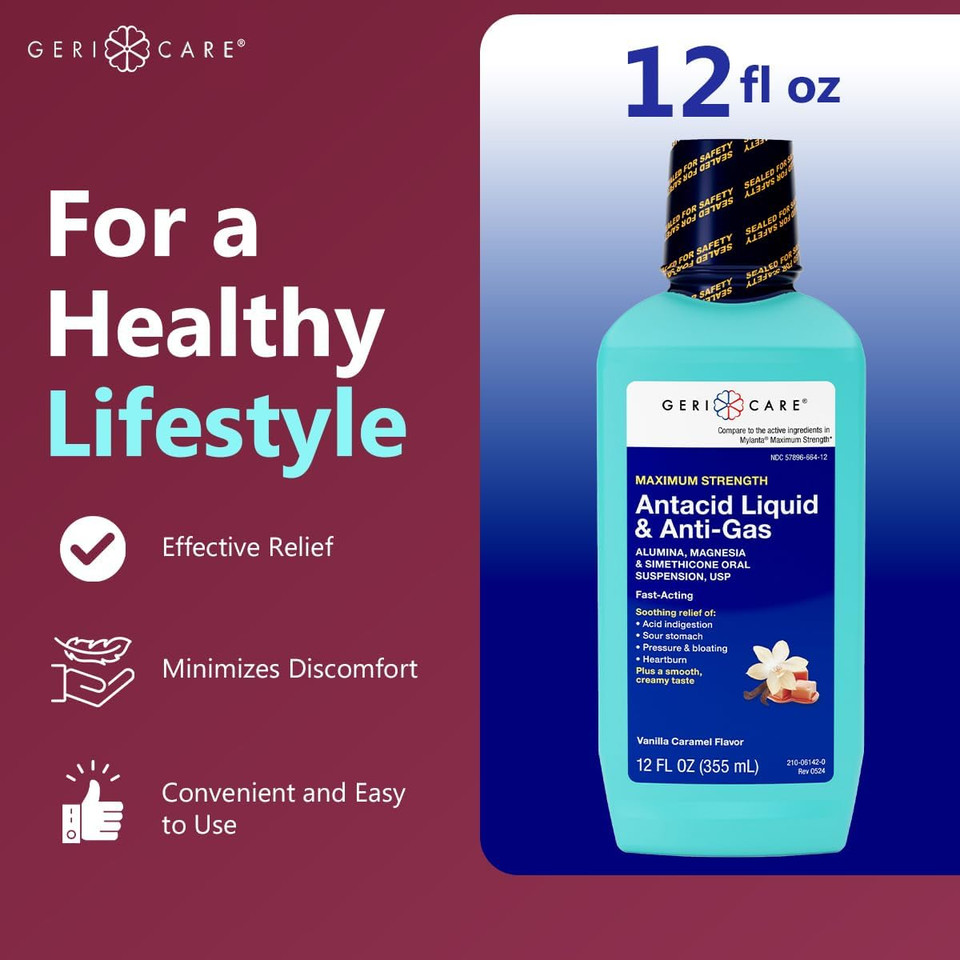 Gericare Antacid Liquid & Anti-Gas Relief, Maximum Strength For Heartburn, Acid Reflux, Sour Stomach, Pressure & Bloating, Acid Indigestion, & Gas, Vanilla Caramel Flavor, 12 Fl Oz