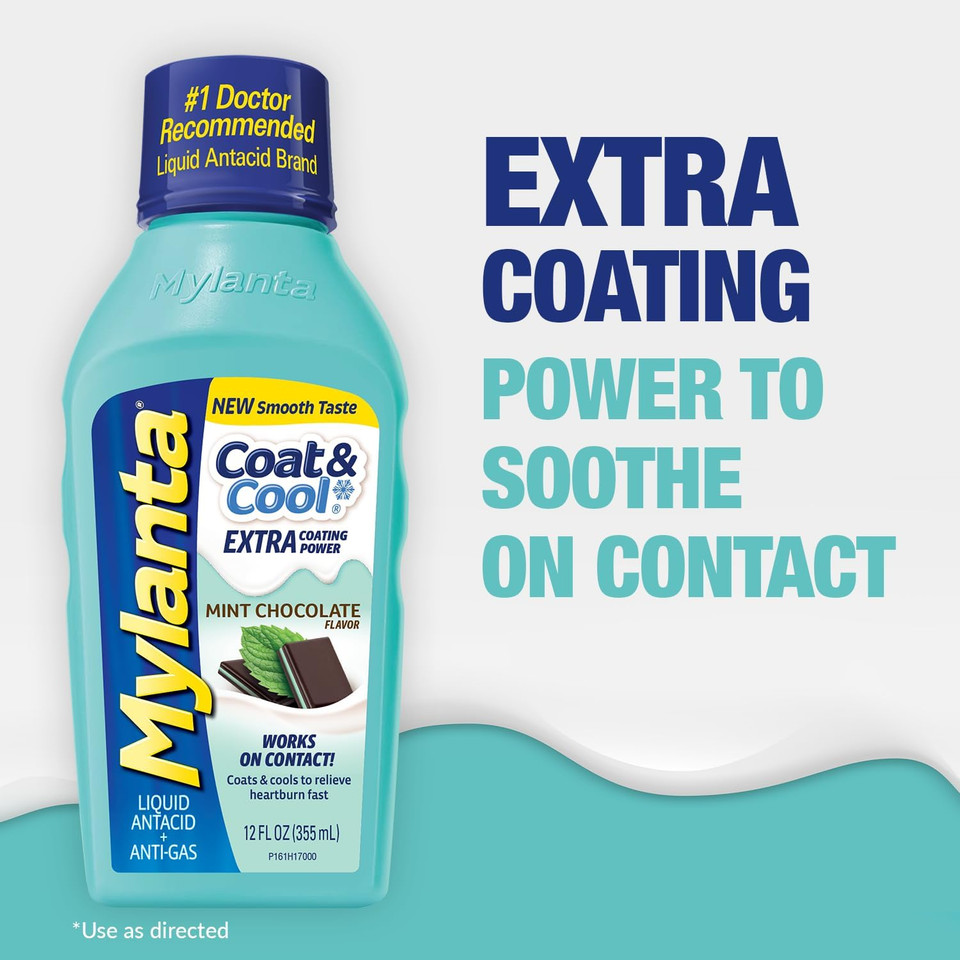Mylanta Heartburn And Gas Relief, Liquid Antacid, Coat & Cool Formula, Mint Chocolate Flavor, 12 Fl Oz