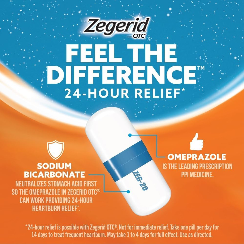 Zegerid Otc 24-Hour Heartburn Relief, The Only Proton Pump Inhibitor With Omeprazole 20Mg + Sodium Bicarbonate, Treats Frequent Heartburn, 14Ct Capsules