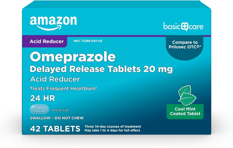 Amazon Basic Care Omeprazole Delayed Release Tablets 20 Mg, Acid Reducer, Wildberry Mint Coated Tablet, 14 Count