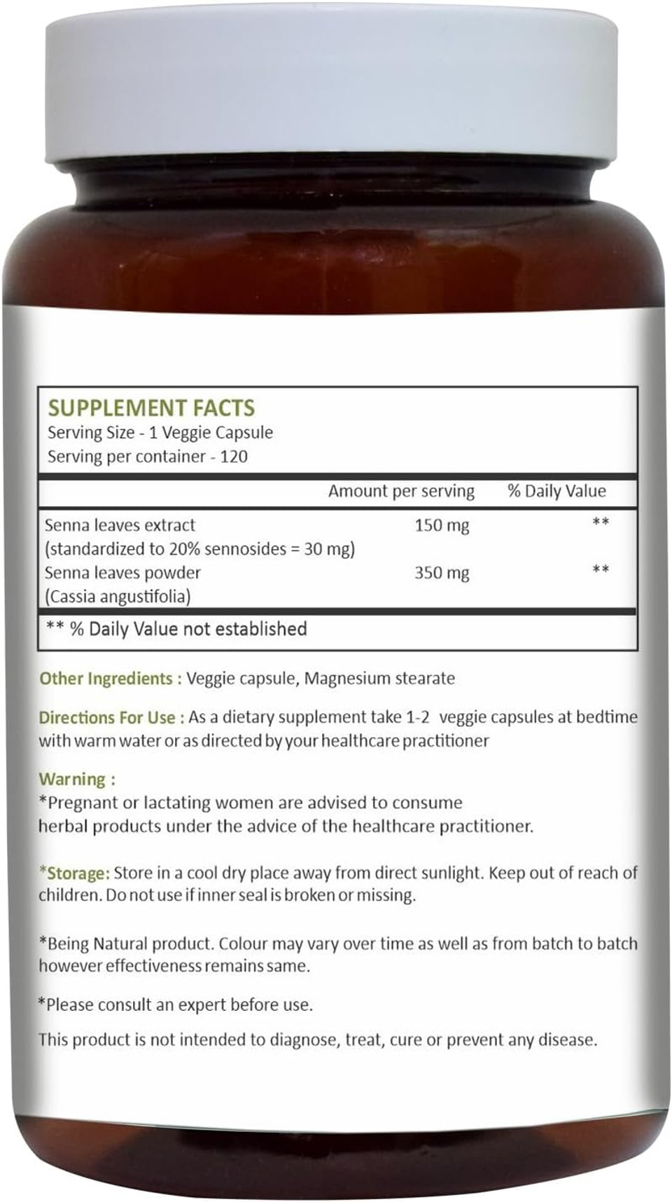 Herbal Hills Senna Capsules (Alexandrina Senna) | 120 Capsules (500 Mg) | Natural Laxative, Stool Softner, Constipation Relief