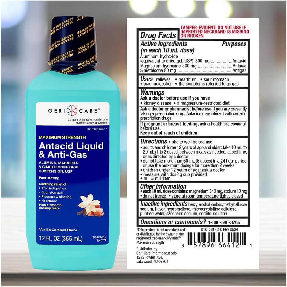Gericare Antacid Liquid & Anti-Gas Relief, Maximum Strength For Heartburn, Acid Reflux, Sour Stomach, Pressure & Bloating, Acid Indigestion, & Gas, Vanilla Caramel Flavor (2)