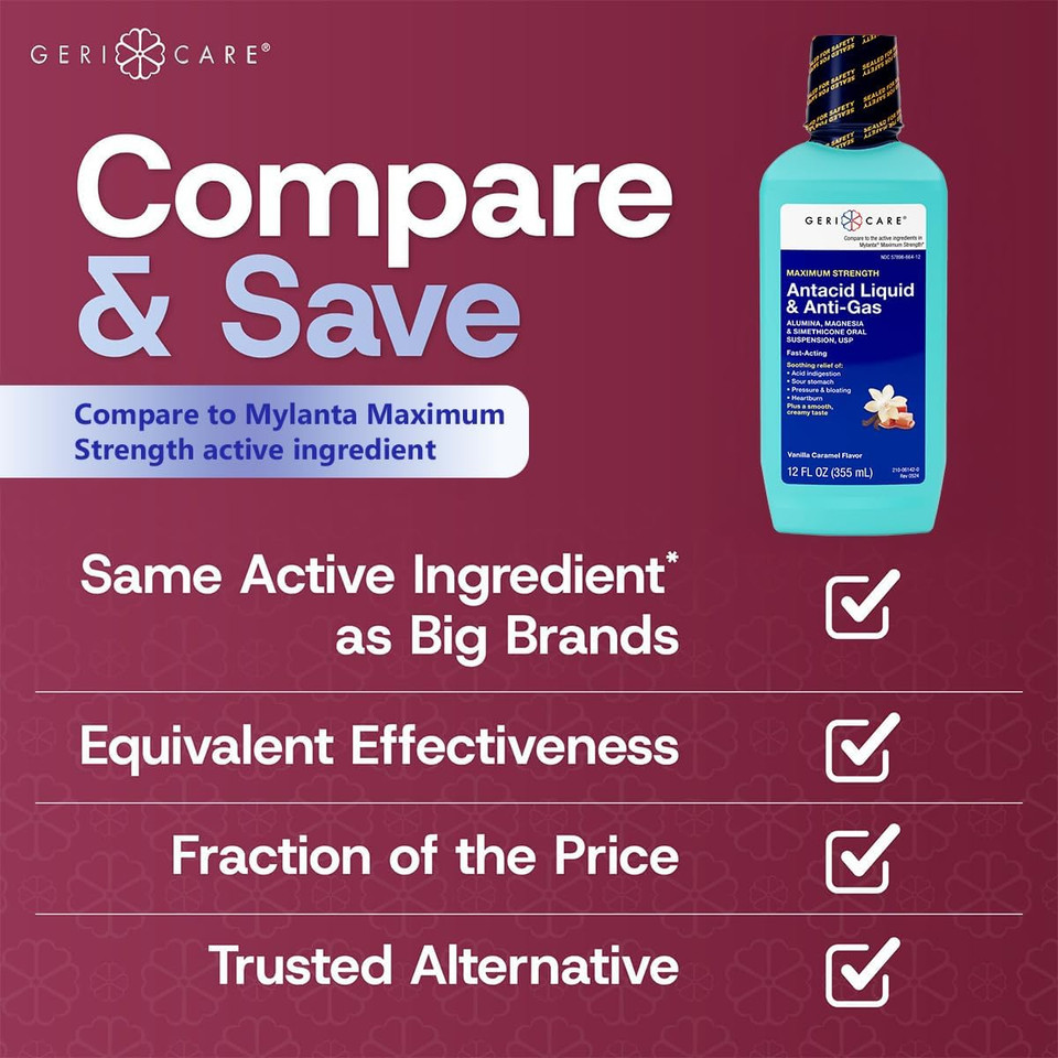 Gericare Antacid Liquid & Anti-Gas Relief, Maximum Strength For Heartburn, Acid Reflux, Sour Stomach, Pressure & Bloating, Acid Indigestion, & Gas, Vanilla Caramel Flavor (2)
