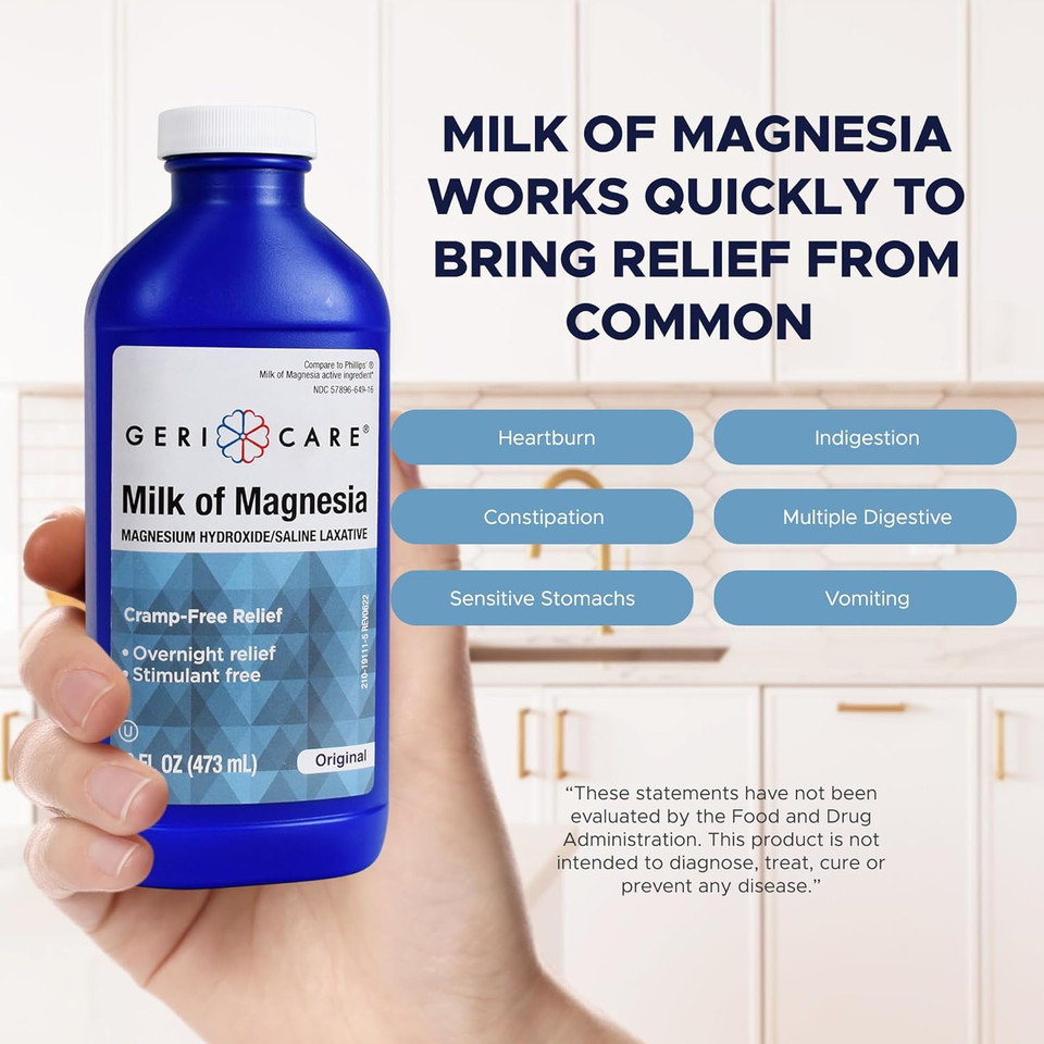 Gericare Milk Of Magnesia, Magnesium Hydroxide 1200Mg| Mint Flavor| Fast Overnight Constipation Relief| Cramp-Free Saline Laxative & Stool Softener| Antacid For Heartburn & Indigestion| 12 Fl Oz