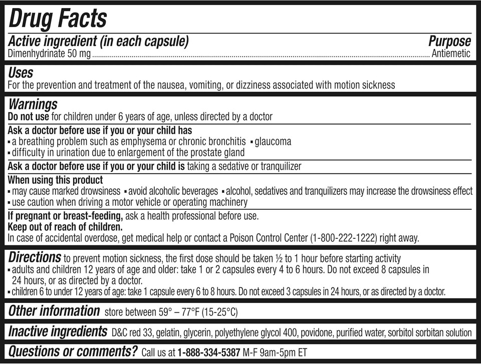 Gravol Liquid Gels 50Mg For Motion Sickness Prevention And Relief, 8Ct