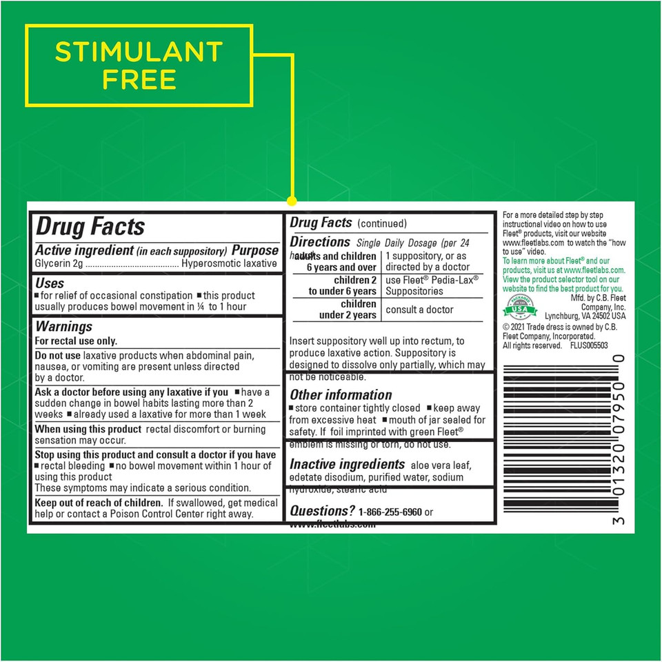 Fleet Laxative Glycerin Suppositories For Adult Constipation, Adult Laxative Jar Aloe Vera, 50 Count