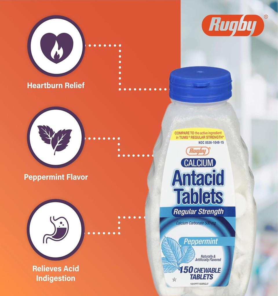 Rugby Regular Strength Antacid Chewable Tablets - Made With 500 Mg Of Calcium Carbonate - Peppermint Flavor - 150 Count