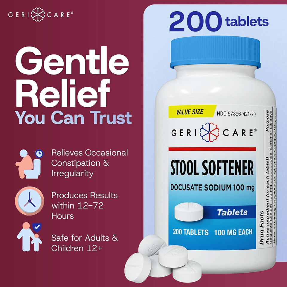 Gericare Docusate Sodium Stool Softeners, Best Stool Softener For Daily Use For Women, Men, And Elderly - Ideal For Constipation Relief 100Mg Crushable Tablets. (200 Count) Made In The Usa