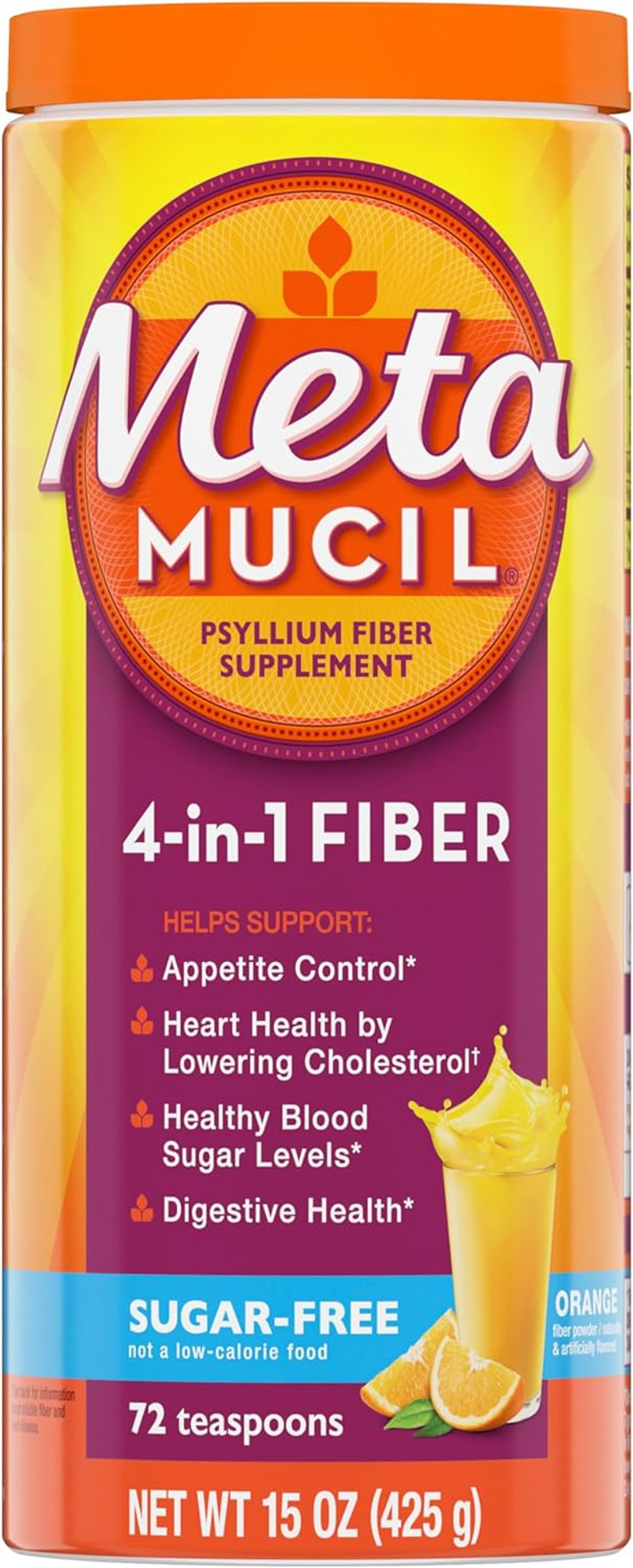 Metamucil 4-In-1 Daily Fiber Supplement Powder, Psyllium Husk Powder For Digestive Health, Sugar-Free, Orange, Naturally Sourced Psyllium Husk Powder, 72 Teaspoons