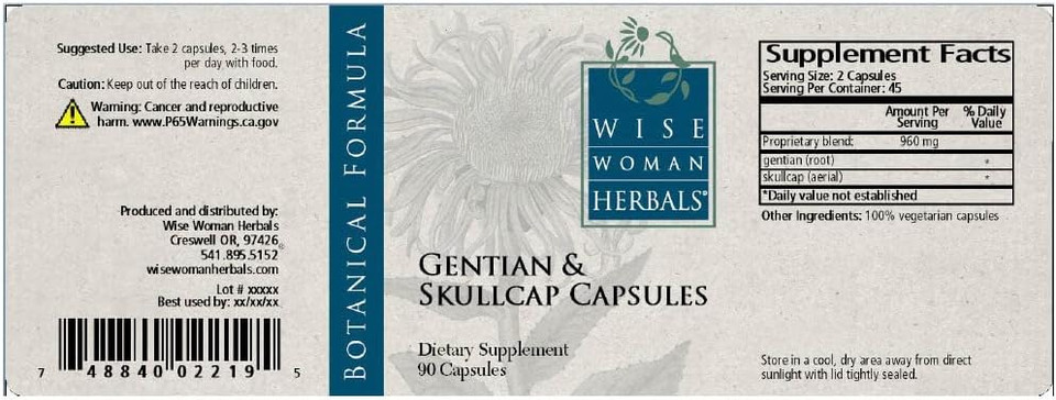 Wise Woman Herbals Gentian & Skullcap Digestion Support Supplement, Non-Gmo, Bloating & Indigestion Relief, Supports Gi Motility & Gut Comfort, Mood Balance, 90 Veg Caps
