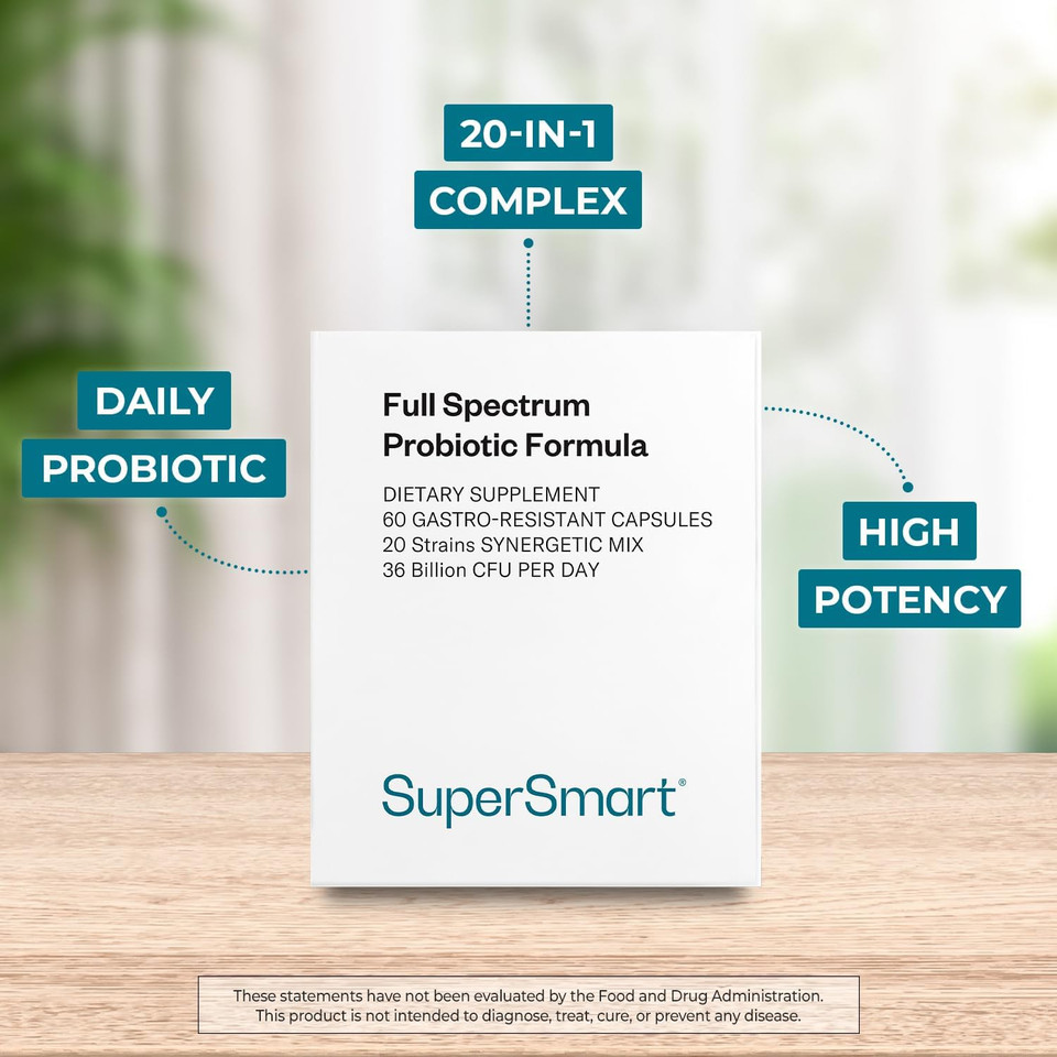 Supersmart Full Spectrum Probiotic Formula 36 Billion Cfu Per Day (20-In-1 Complex) - With Lactobacillus Reuteri, Gasseri, Rhamnosus, Crispatus | Non-Gmo & Gluten Free - 60 Vegetarian Capsules