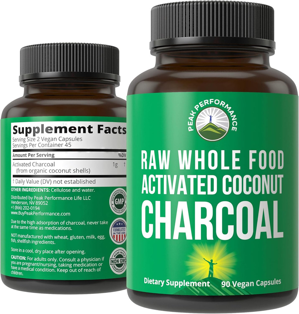 Peak Performance Activated Charcoal Vegan Capsules From Wild Harvested Coconut Shells. Best Safe Charcoal Pills Supplement For Detox, Gas Relief, Bloating. For Men And Women 90 All Natural Tablets