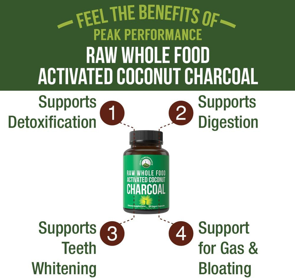 Peak Performance Activated Charcoal Vegan Capsules From Wild Harvested Coconut Shells. Best Safe Charcoal Pills Supplement For Detox, Gas Relief, Bloating. For Men And Women 90 All Natural Tablets